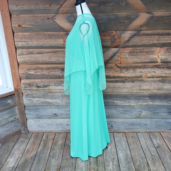 Vintage 70s Seafoam Green Chiffon Poncho  Polyester Maxi Dress Womens Sz 18 - Picture 3 of 9